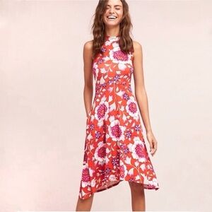 Anthropologie Maeve Cleary red floral mock neck swing dress NWOT size XS